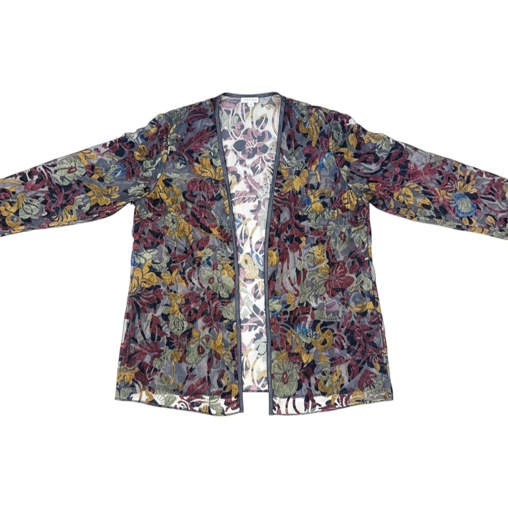 Vintage Burnout Velvet Floral Sheer Mesh Open Front Cardigan Jacket M